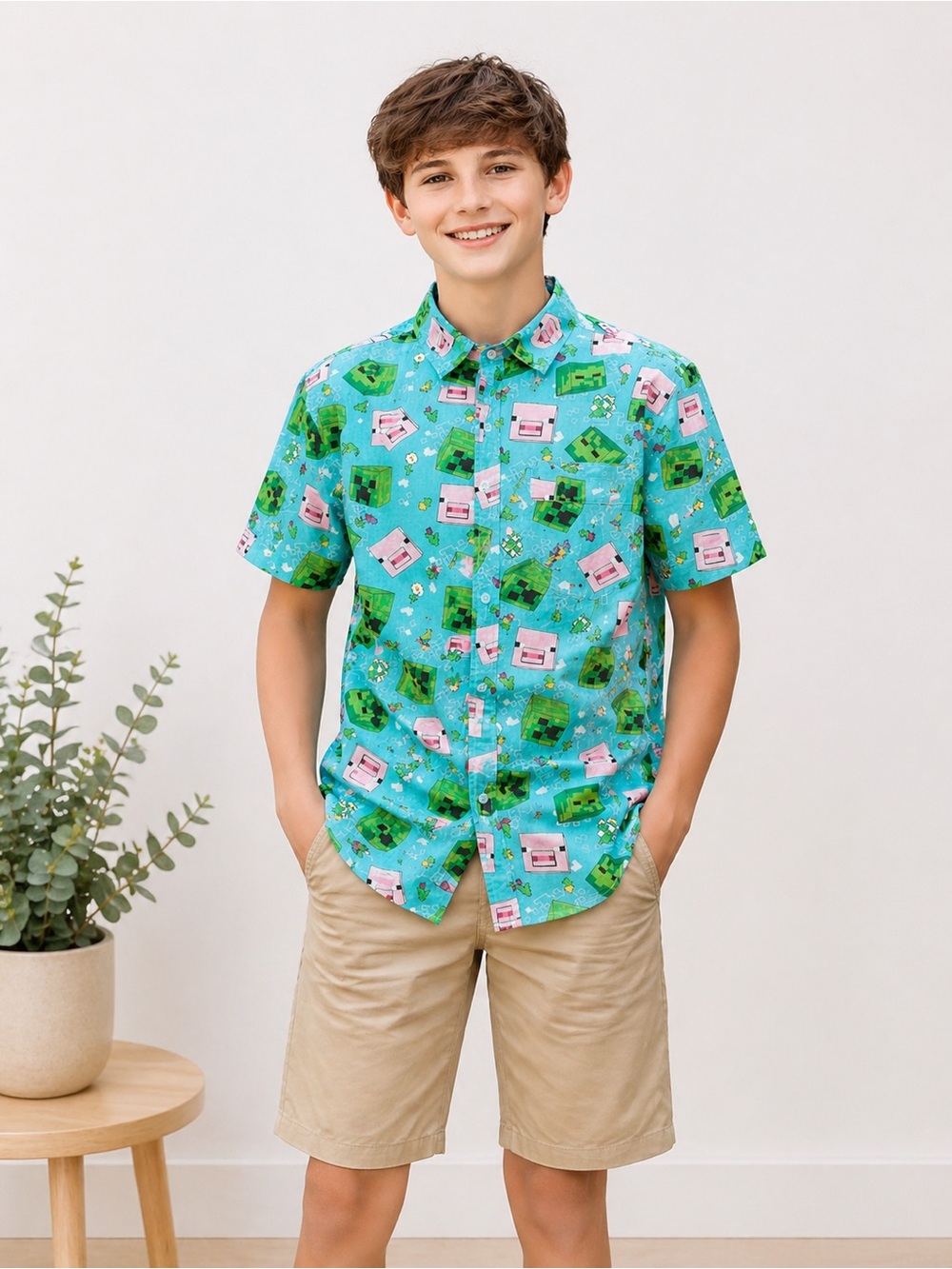 Boys Minecraft Creeper & Pig Button-Up Dress Shirt XL 14/16